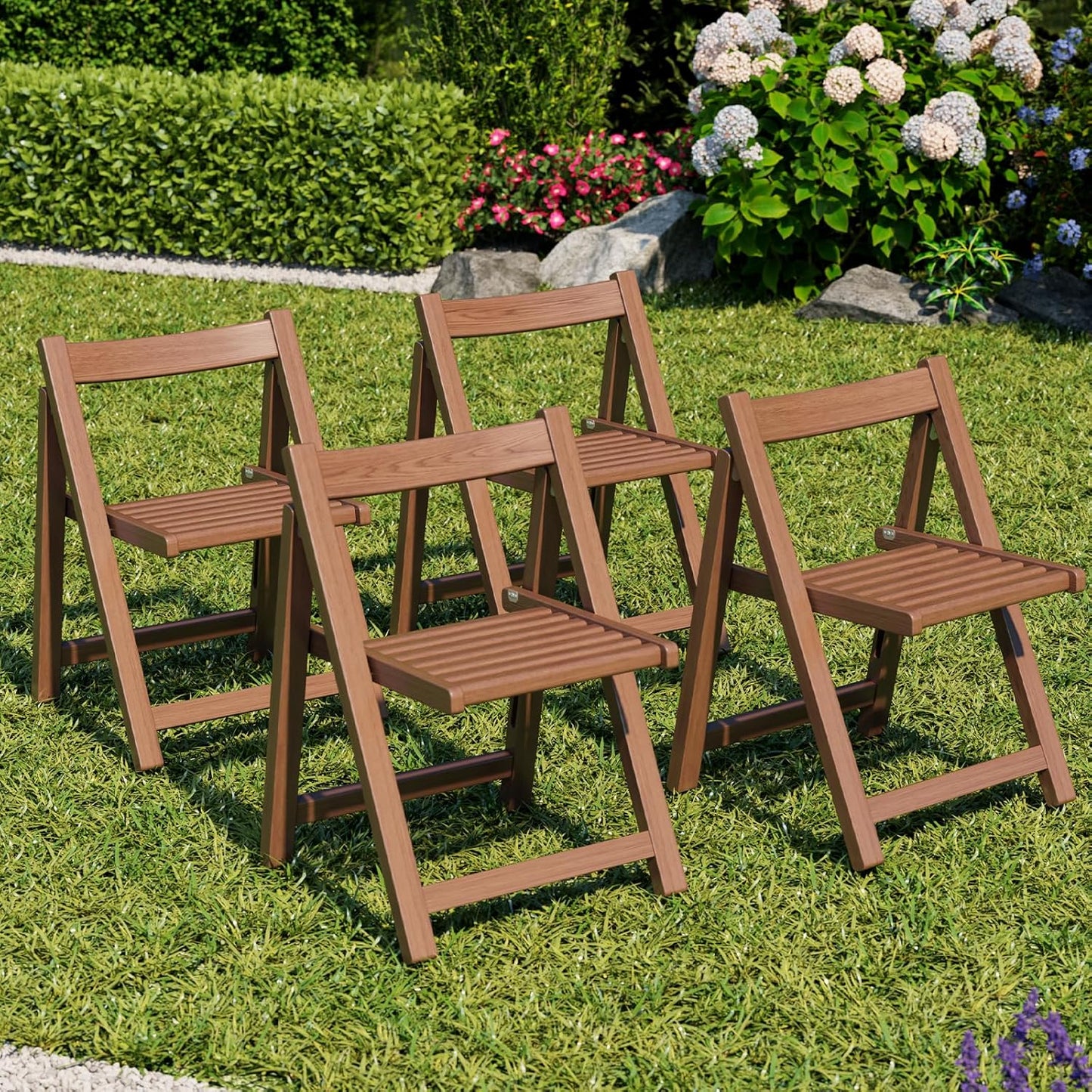 Wood Folding Chairs Set of 4, Indoor Outdoor Wooden Foldable Dining Chairs, Space-Saving and Portable Design for Kitchen, Lawn, Patio 300lbs Capacity,