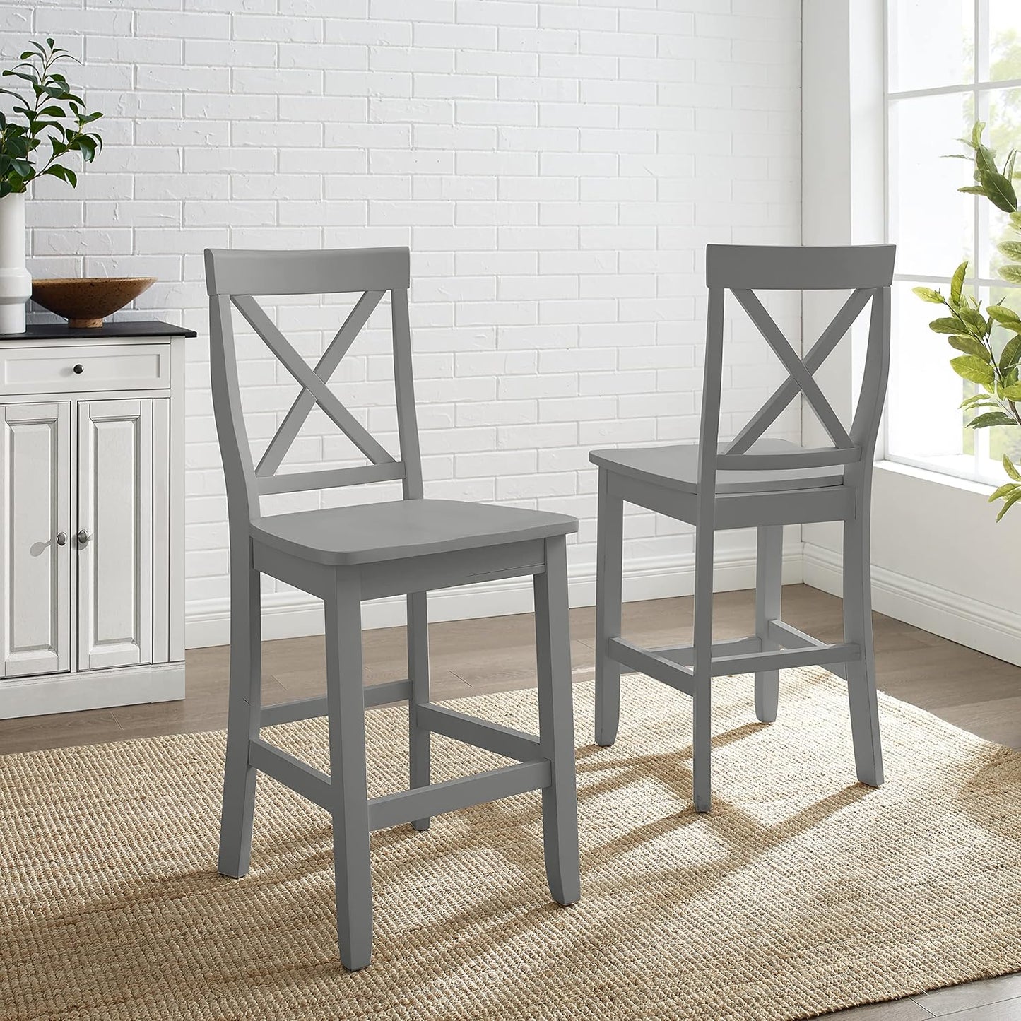 Crosley Furniture X-Back Wood Counter Height Bar Stools Set of 2, Gray, 24-inch