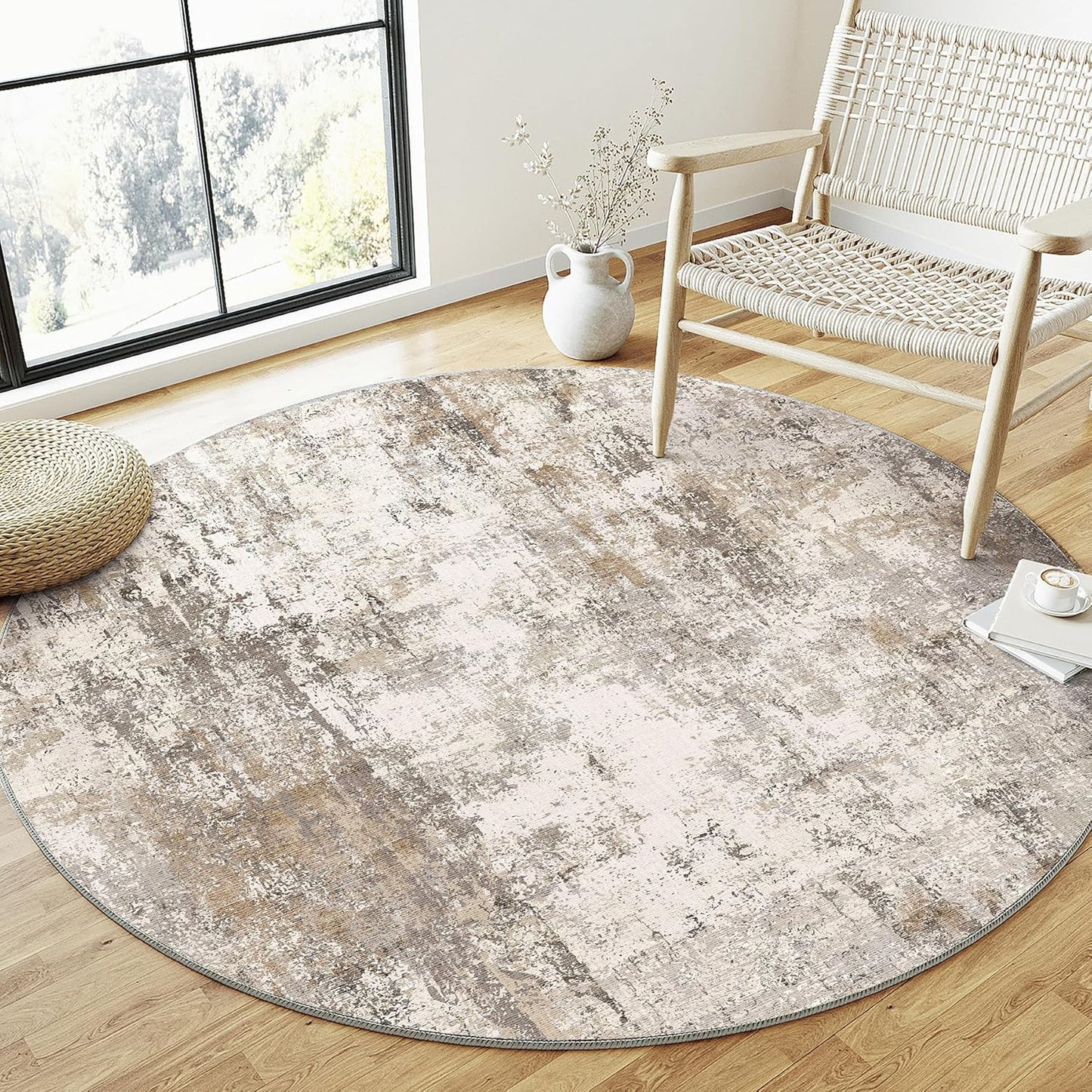 5x5 Washable Round Rug Brown Grey Neutral Abstract Living Room Bedroom Non Slip Low Pile Area Rug Office Entryway Indoor Doormat Soft Carpet for Entrance Bathroom Kitchen