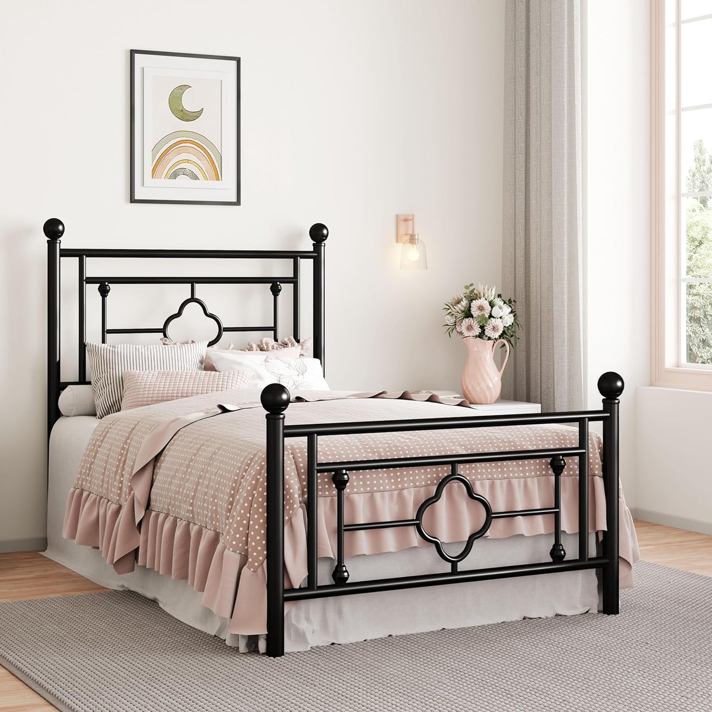 SHA CERLIN 14 Inches Twin Size Metal Platform Bed Frame/Vintage Iron-Art Headboard and Footboard/Mattress Foundation for Storage/No Box Spring Needed/Noise-Free/Easy Assembly/Black