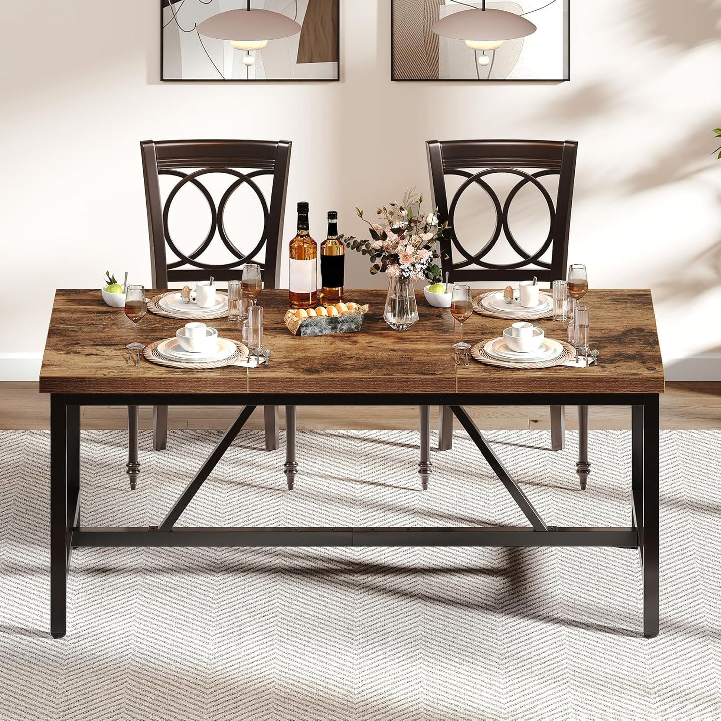 DWVO 70.8" Large Dining Room Table for 6-8 People Rectangle Kitchen Table Farmhouse Industrial Wood Style Dinning Tables with Heavy Duty Metal Leg Dinner Table for Apartment Restaurant Brown