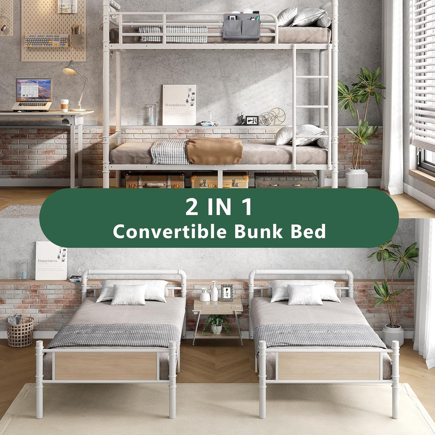 Metal Bunk Bed Twin Over Twin, Industrial Bunkbeds Heavy Duty Bed with Safety Guard Rails and Space-Saving Design, Steel Bed for School, Bedroom (White)