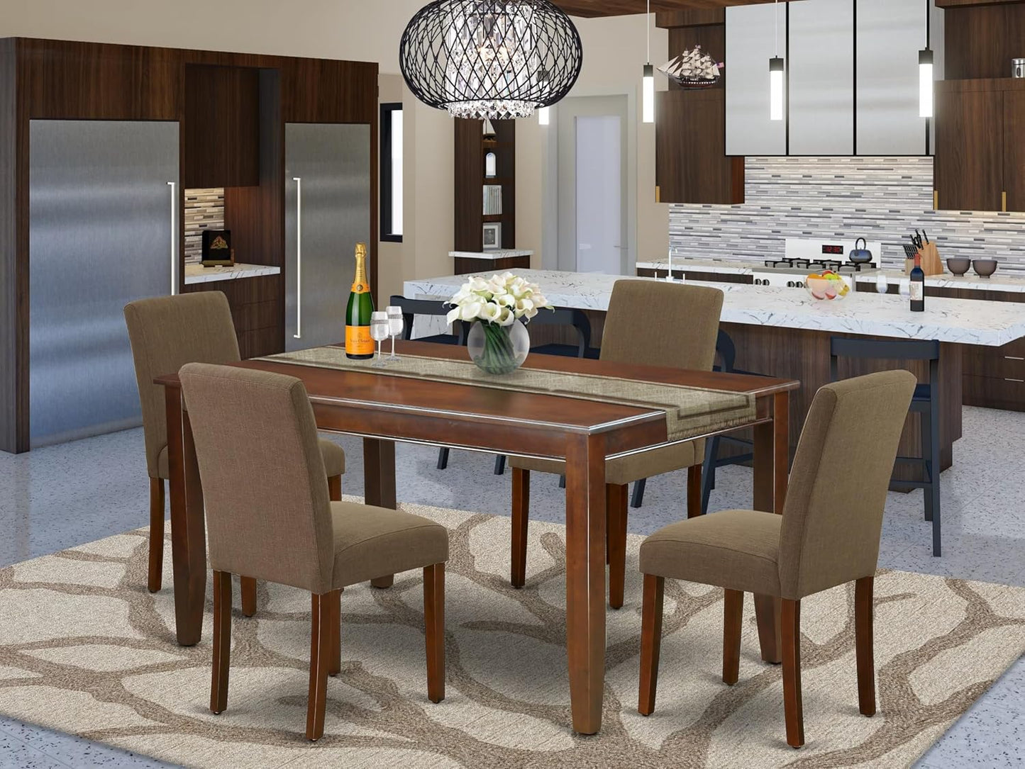 East West Furniture DUAB5-MAH-18 5 Piece Dining Set Includes a Rectangle Dining Room Table and 4 Coffee Linen Fabric Upholstered Chairs, 36x60 Inch, Mahogany