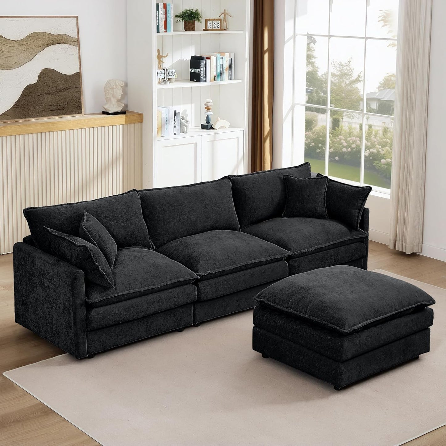 Ball & Cast 3 Seater Modular L Shaped Sectional Sofa with Movable Ottoman and 4 Pillows,Comfy Cloud Couch W/Deep Seat,DIY Combination,Chenille Upholstered Sofa for Living Room,Apartment,Black,105"