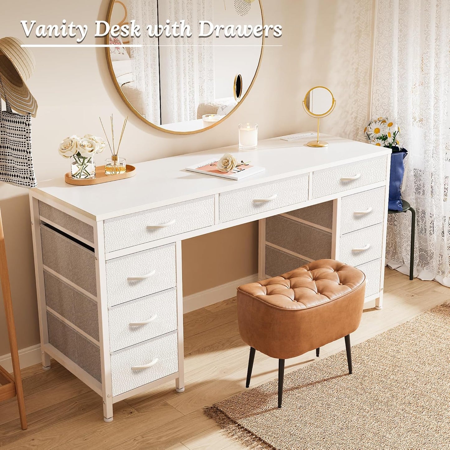 PRAISUN 54 Inch Office Desk with Outlets, Computer Desk with 9 Fabric Drawers, Writing Gaming Work Study Desk for Bedroom, Living Room, Home Office, Large Storage, White