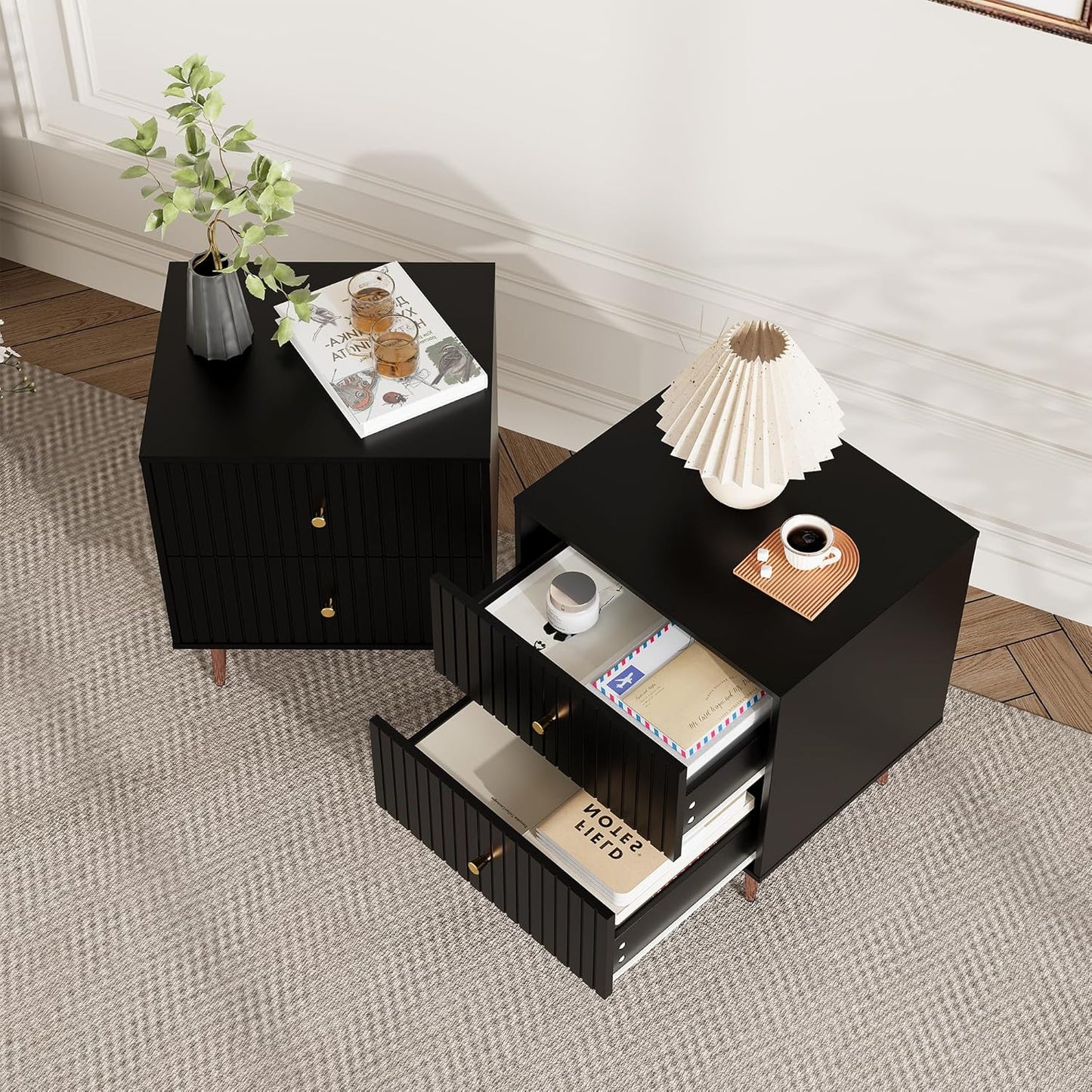 Black Night Stand Set 2,Fluted Nightstand with Door and Open Storage Space,Modern Bedside Table and Wood End Side Table with Golden Metal Legs and Handles for Bedroom,Black (Black, 2 Drawers)