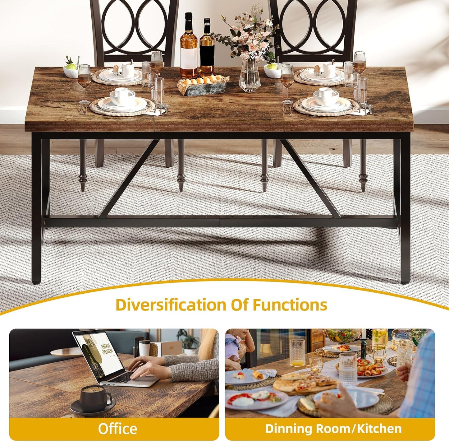 DWVO 70.8" Large Dining Room Table for 6-8 People Rectangle Kitchen Table Farmhouse Industrial Wood Style Dinning Tables with Heavy Duty Metal Leg Dinner Table for Apartment Restaurant Brown