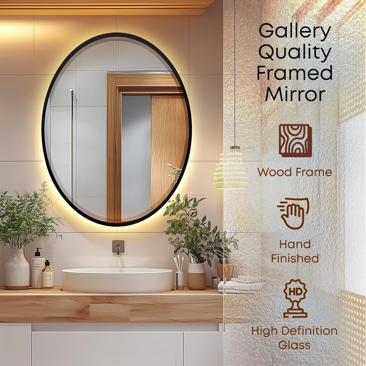 OVALCREST - Oval Wooden Beveled Wall Mirror for Home Decor, Bathroom, Vanity, Bedroom, Living Room, Hallway - London Style (Matte Black) 19.1 x 25.1