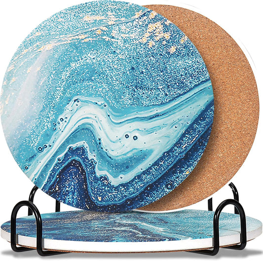 3-Pcs 7'' Ceramic Marble Style Trivet with Holder, Absorbent Trivets for Hot Dishes, Cork Bottom Anti-Slip Trivet Mats for Hot Pots and Pans