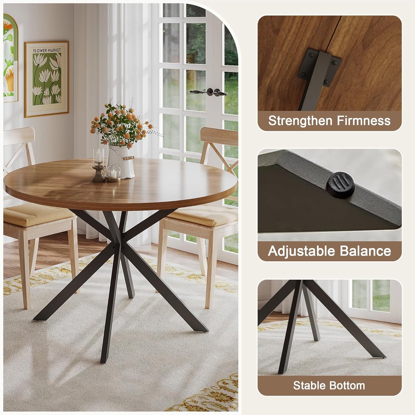 ChooChoo 47.2 Inch Round Dining Table for 4, Farmhouse Wood Kitchen Table, Circle Dinner Table for Kitchen & Dining Room, Walnut