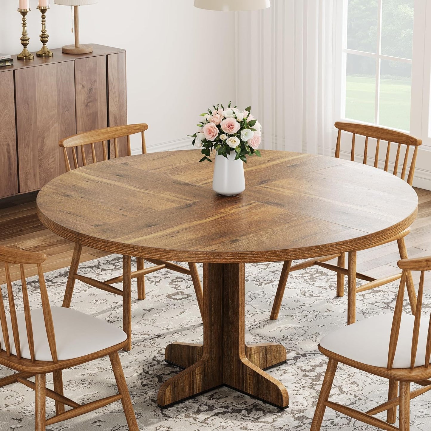 GarveeHome Round Dining Table for 4, 47 Inch Farmhouse Circle Kitchen Table with Wood Tabletop and Stable Base, for Home Dining Room Living Room, Brown (Only Table)