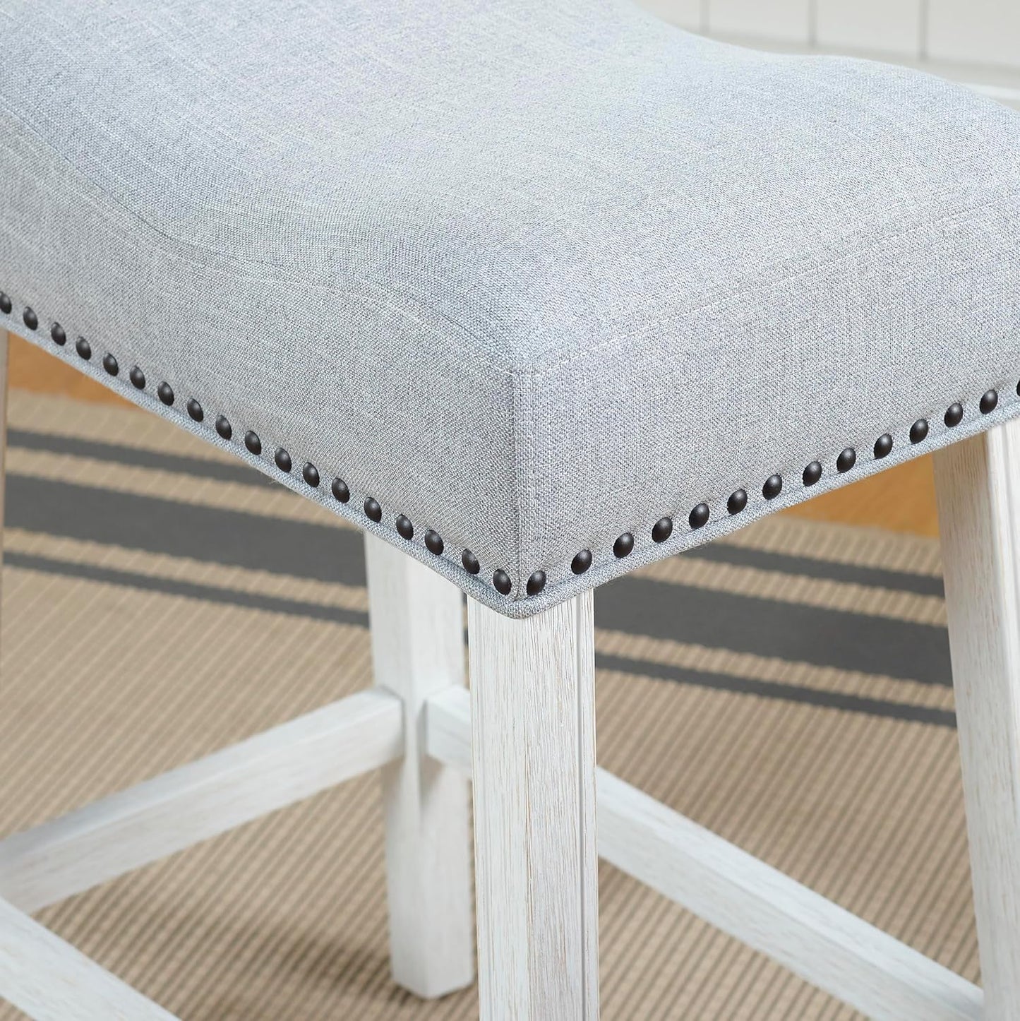 Roundhill Furniture Coco Upholstered Backless Saddle Seat Counter Stools 25.5" Height Set of 2, White-Wash Finish, Light Gray Fabric