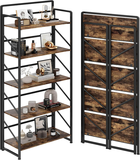 JSB Folding Bookshelf,Industrial Storage Shelves, No Assembly Vintage Wood Look Bookshelf with Storage Shelves for Living Room, Bedroom, Office (Fire Brown, 5-Tier)