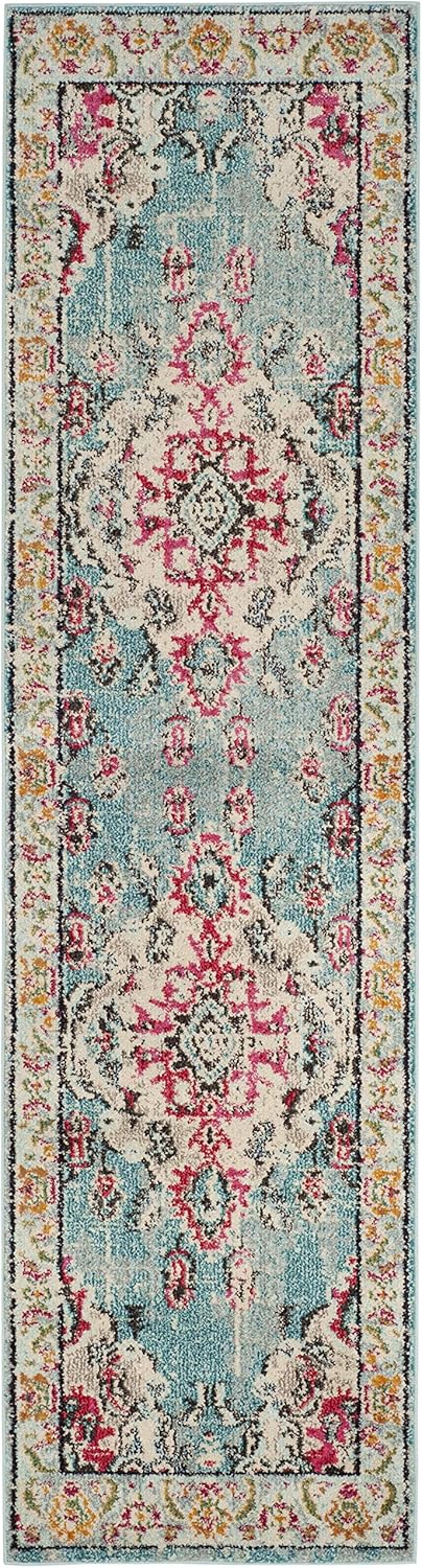 SAFAVIEH Monaco Collection Runner Rug - 2'2" x 8', Light Blue & Fuchsia, Boho Chic Medallion Distressed Design, Non-Shedding & Easy Care, Ideal for High Traffic Areas in Living Room, Bedroom (MNC243J)