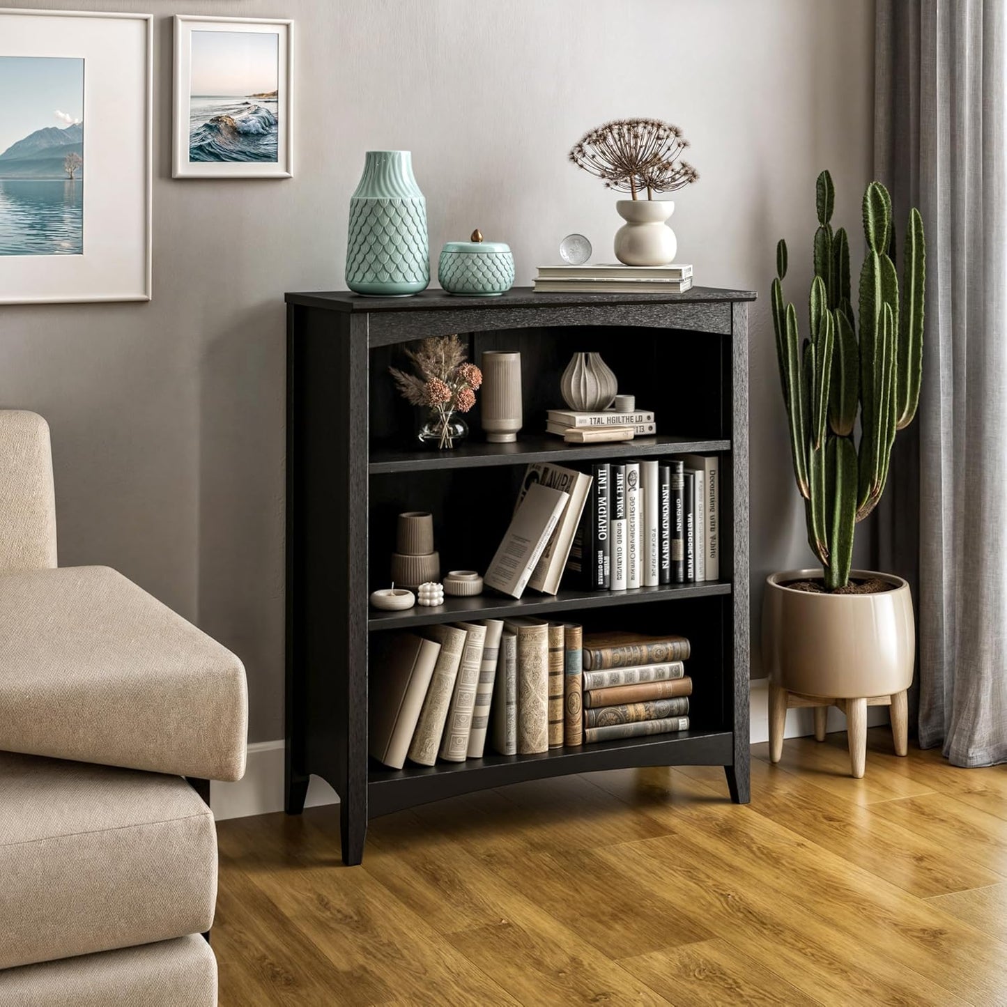 Camaflexi Shaker Style 3 Shelf Bookcase/Solid Wood / 36" High/Adjustable Shelving/Closed Back/Display Bookshelf for Living Room, Bedroom, Home and Office, Black