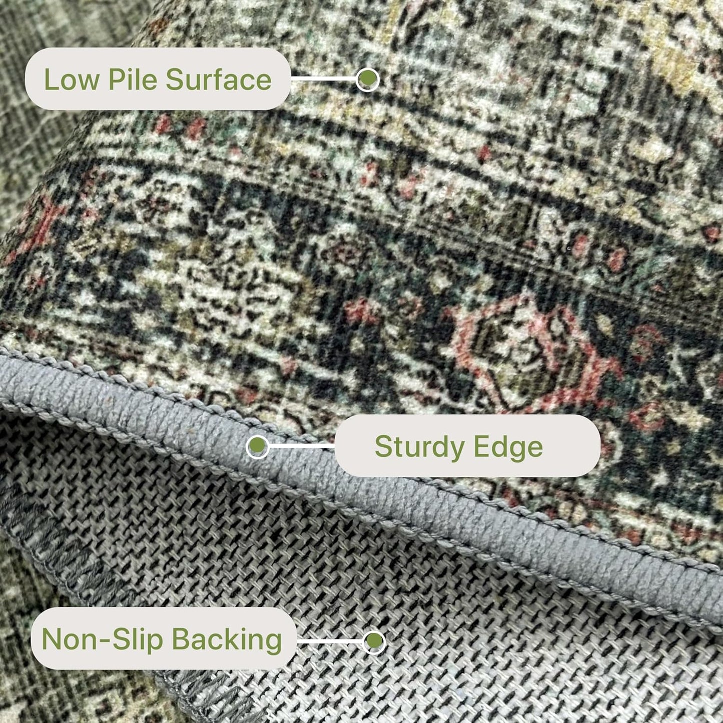 9X12 Area Rugs Machine Washable Rugs for Living Room, Vintage Boho Large Rugs for Bedroom Dining Room, Non Slip Indoor Soft Distressed Lightweight Thin Low Pile Carpet, Green