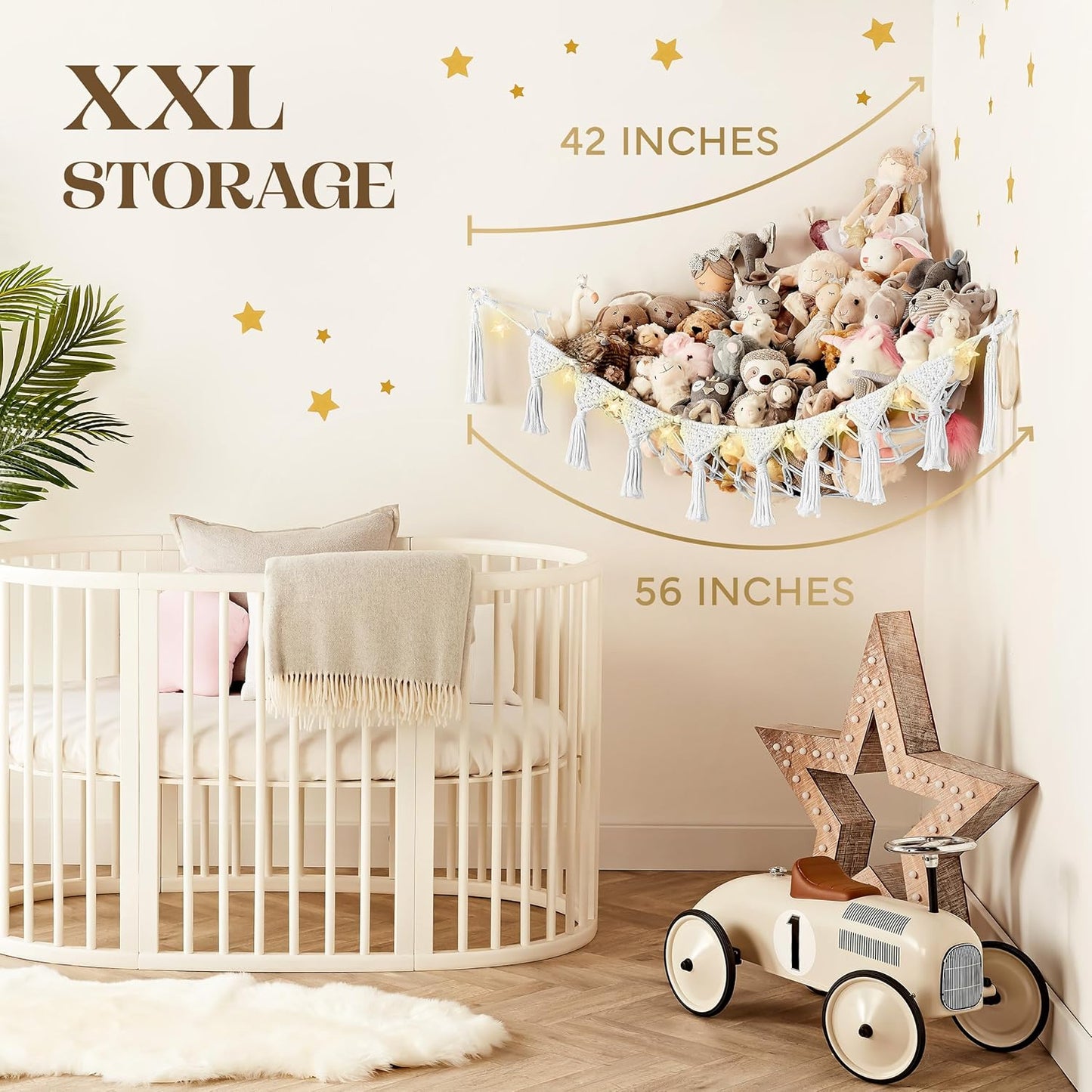 Snow White Macrame DreamLights Boho Stuffed Animal Storage Net (Extra Large) and Hammock for Small Plushies - Pure Cotton