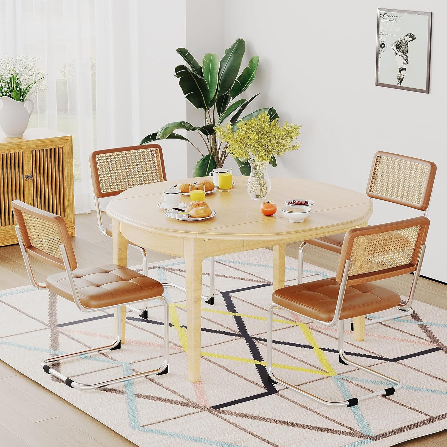 Rattan Dining Chairs Set of 2 Mid Century Modern Kitchen Chairs with Natural Rattan Backrest Oak Frame and Upholstered Pu Seat Chairs with Metal Legs