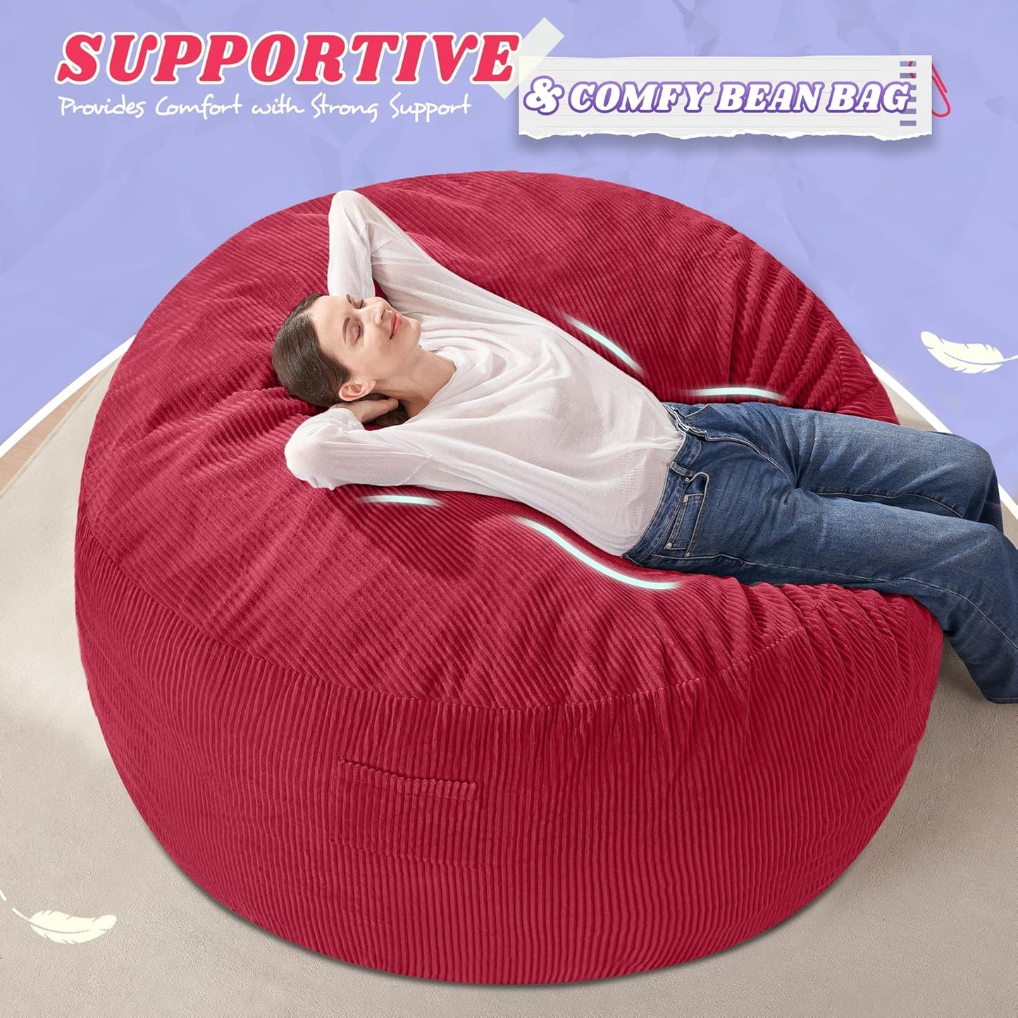 HABUTWAY 4FT Bean Bag Chair,Giant Bean Bag Chairs for Adults,Big Bean Bags with Memory Foam Filled, Large Beanbag Chairs with Soft Corduroy Cover-RED