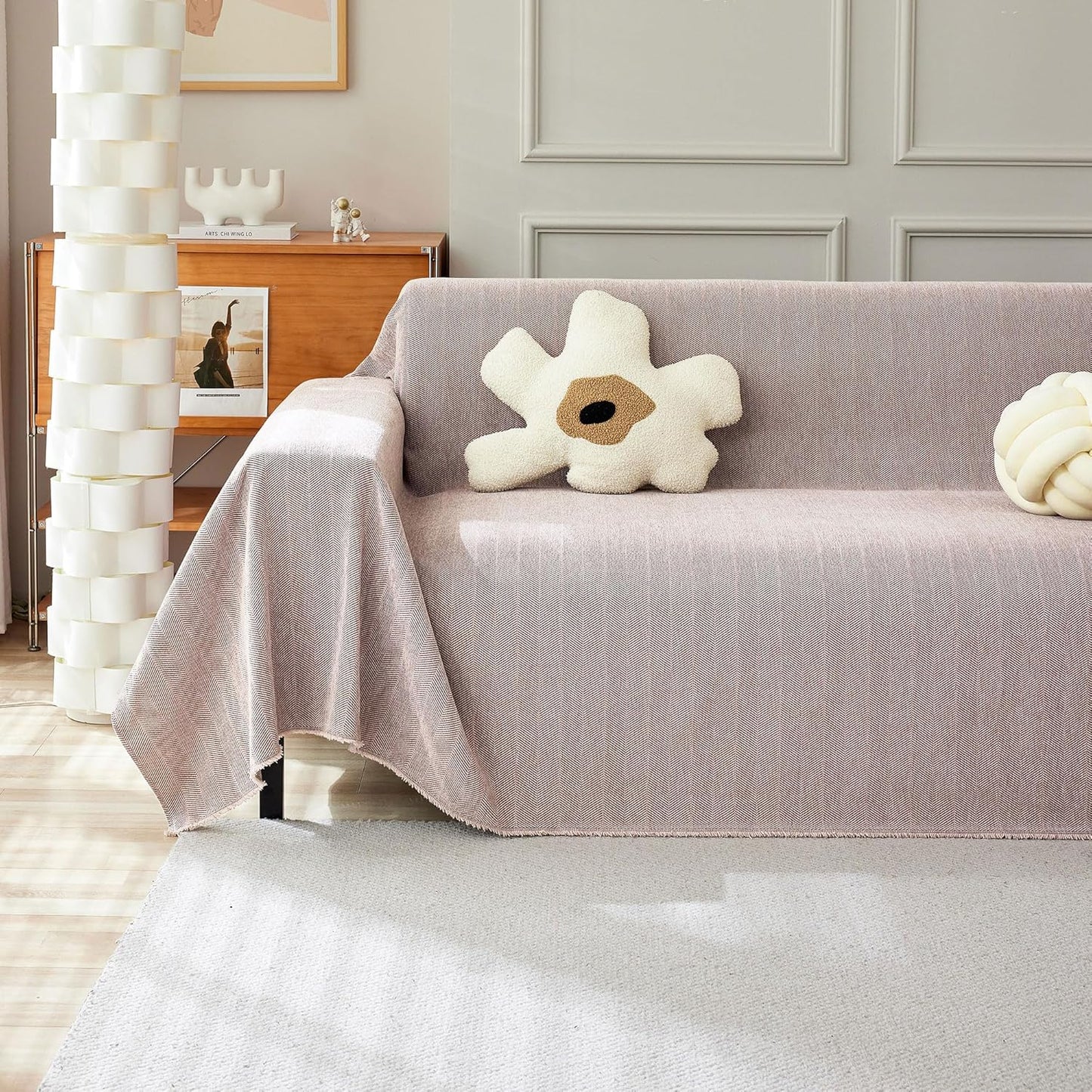 STACYPIK Thick Pink Geometric Sofa Covers for 2 Cushion Couch Reversible Herringbone Dogs Couch Covers Pet Scratch Couch Protector Blanket for Living Room Chenille Cushion Covers with Tassel-91X118IN