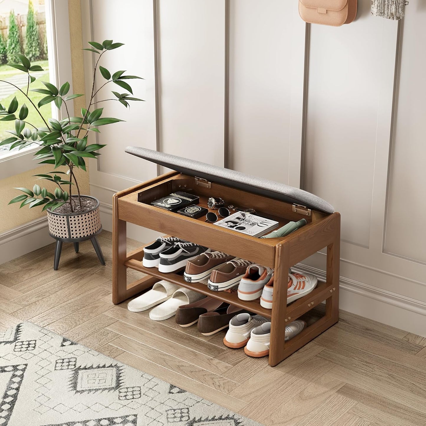 Shoe Rack Bench with Cotton-Linen Cushion 2-Tier Wooden Storage Bench 550lbs Compact Simple & Modern Design for Entryway, Hallway, Bedroom, Living Room, Closet, Front Door Entrance, Foyer