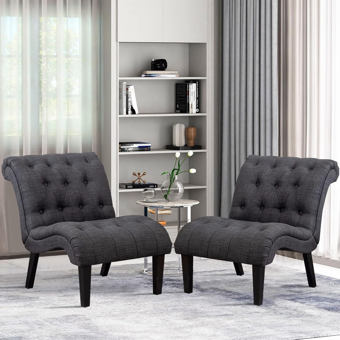 Yongqiang Accent Chairs Set of 2 Upholstered Living Room Bedroom Side Chairs Curved Button Tufted Armless Lounge Chair with Wood Legs Gray Fabric