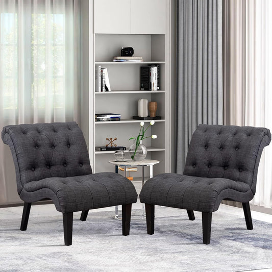 Yongqiang Accent Chairs Set of 2 Upholstered Living Room Bedroom Side Chairs Curved Button Tufted Armless Lounge Chair with Wood Legs Gray Fabric