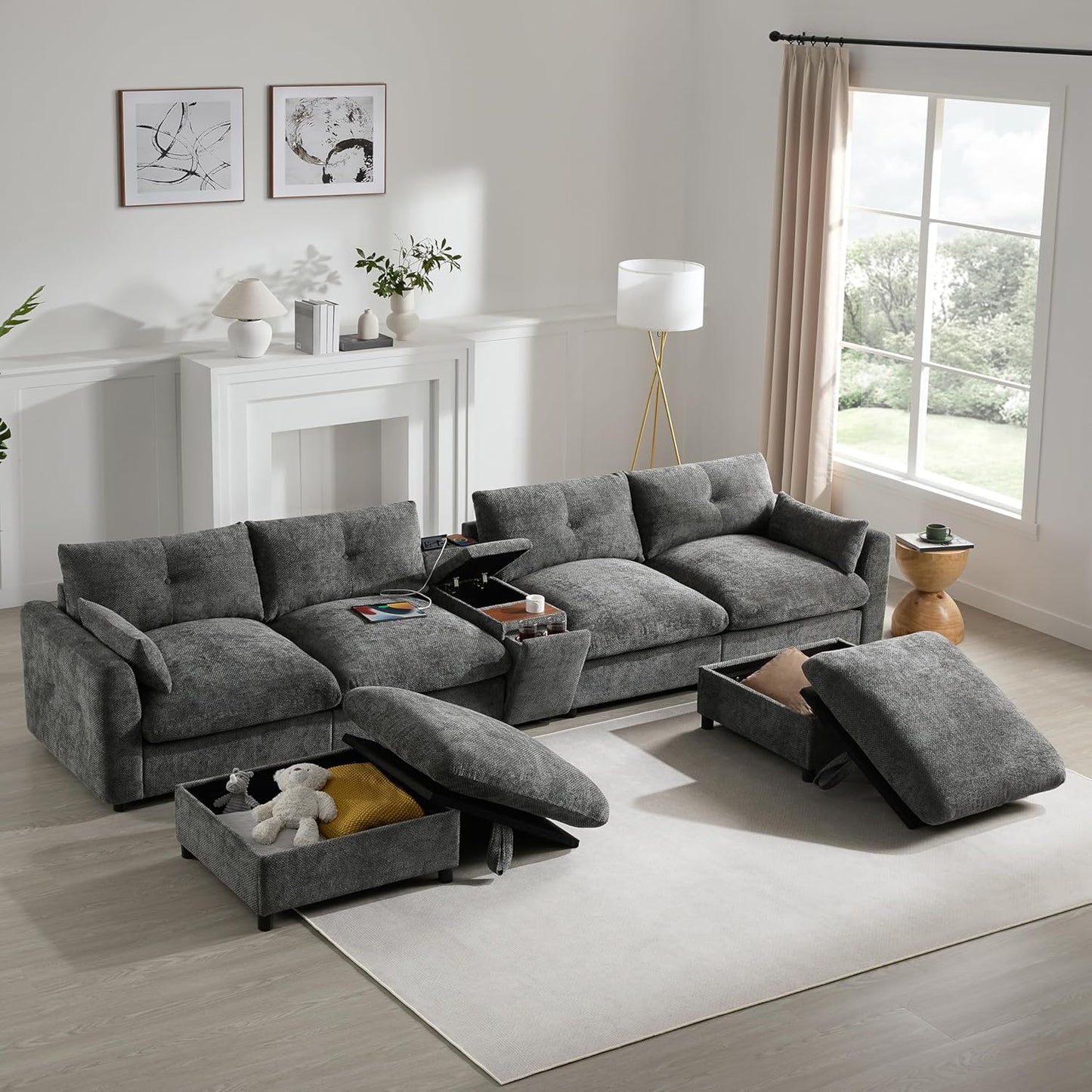 Merax 142'' Modular Sectional Sofa Set with Movable Storage Ottoman and Console, Cup Holder, Wide Seat, 6 Seat U Shaped Couch, Oversized Chenille Sofa with USB Charger for Living Room, Apartment, Gray