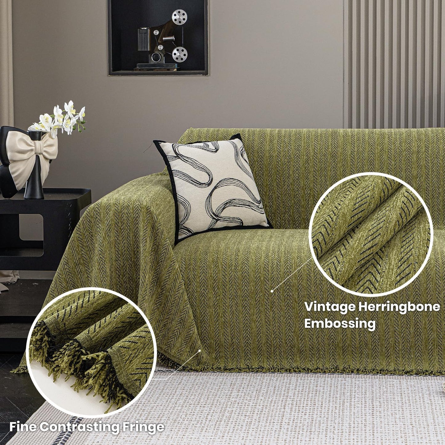 Nobildonna Sofa Cover Washable Soft Thicken Chenille Couch Cover with Tassel,Waterproof Sofa Slipcover for 2-3 Cushion Couch,Sectional Sofa,L-Shaped Furniture Protector Pet-Friendly,Green 71"x118"
