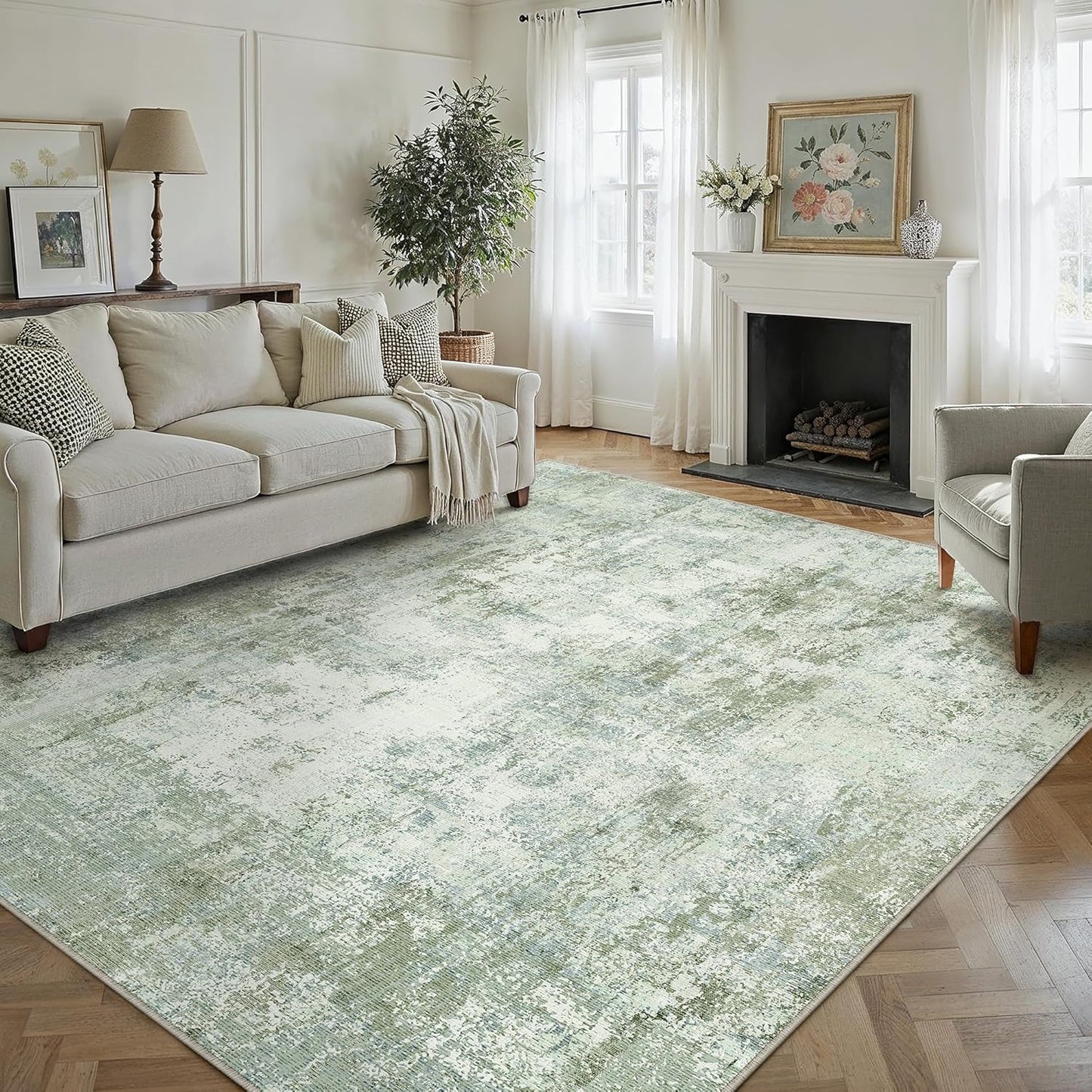 9x12Washable Area Rug Green Modern Neutral Abstract Living Room Bedroom Indoor Floor Carpet Low Pile Soft Non-Slip Lightweight Vacuumable Large Throw Rug for Nursery Dining Room