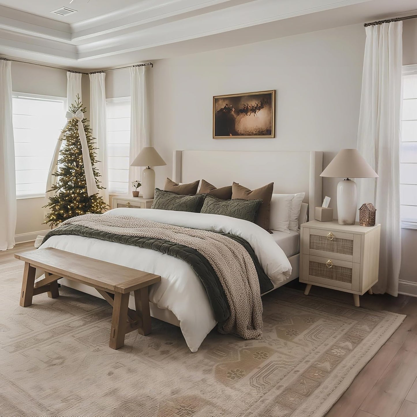 BOLUO Wooden Night Stand with 2 Drawer, Rattan Small Nightstand Boho Bedside Table for Cozy Bedroom