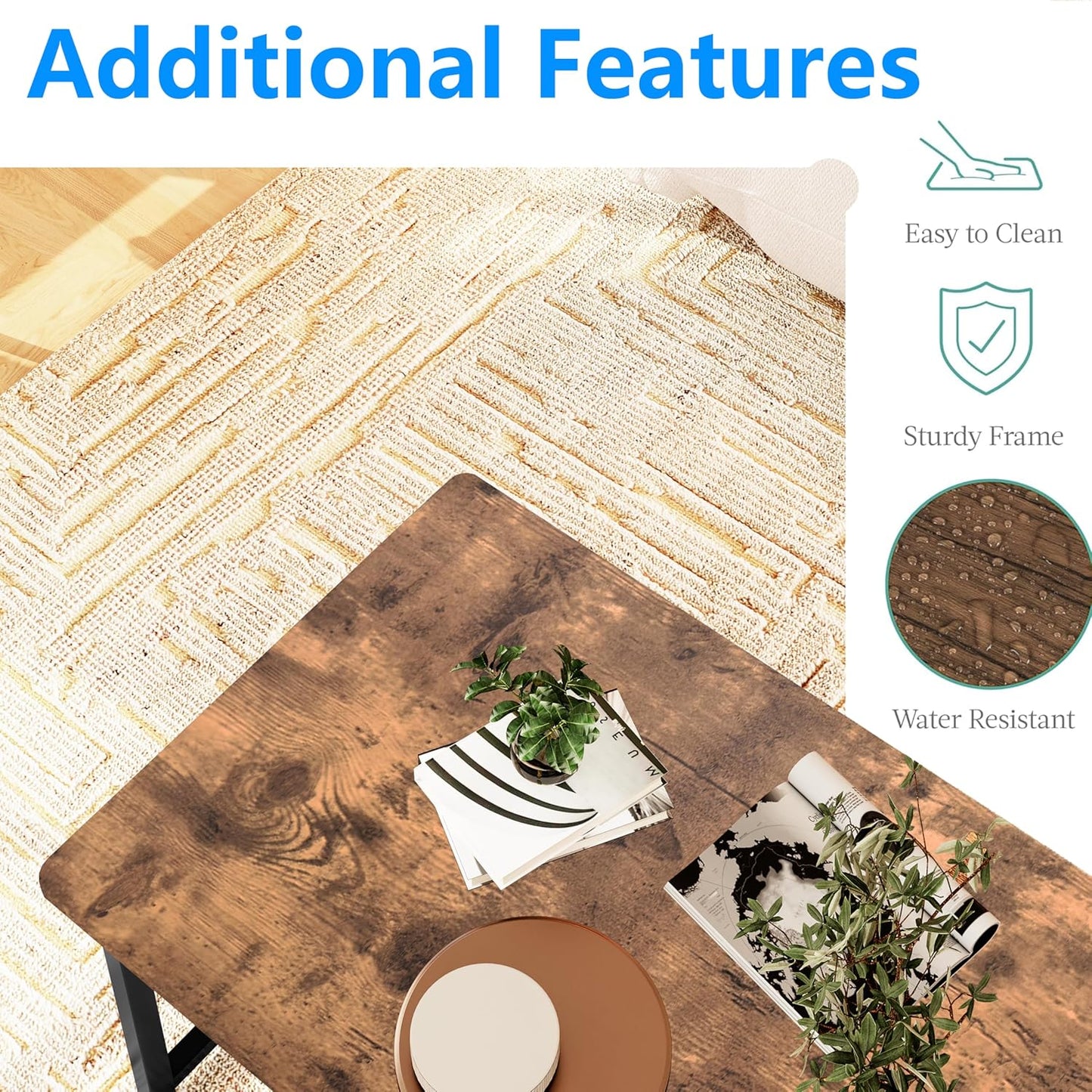 Coffee Table Living Room, Modern Center Table Rectangular, Industrial Furniture, Sofa End Tables/Tea Table/Table Basse De Salon with Metal Black Frame Rustic Brown