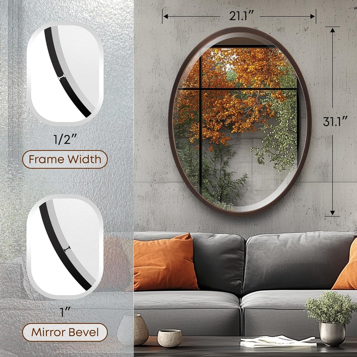 OVALCREST - Oval Wooden Beveled Wall Mirror for Home Decor, Bathroom, Vanity, Bedroom, Living Room, Hallway - London Style (Rubbed Bronze) 21.1 x 31.1