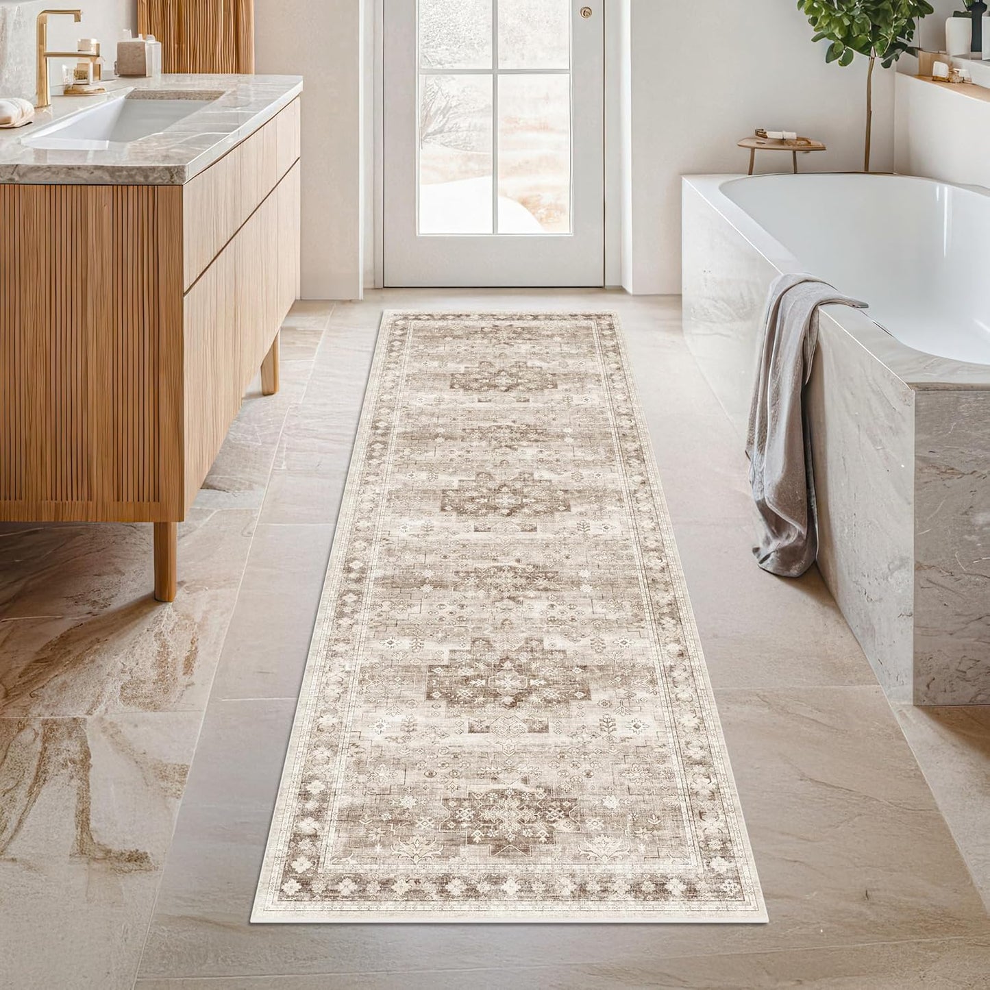 Boho Long Bathroom Runner Rug 24 x 72 Washable Non Slip - Soft Stain Reistant Rugs for Kitchen, Laundry Room, Hallway Runner - Neutral Floral Design Décor (2x6 Beige/Latte)