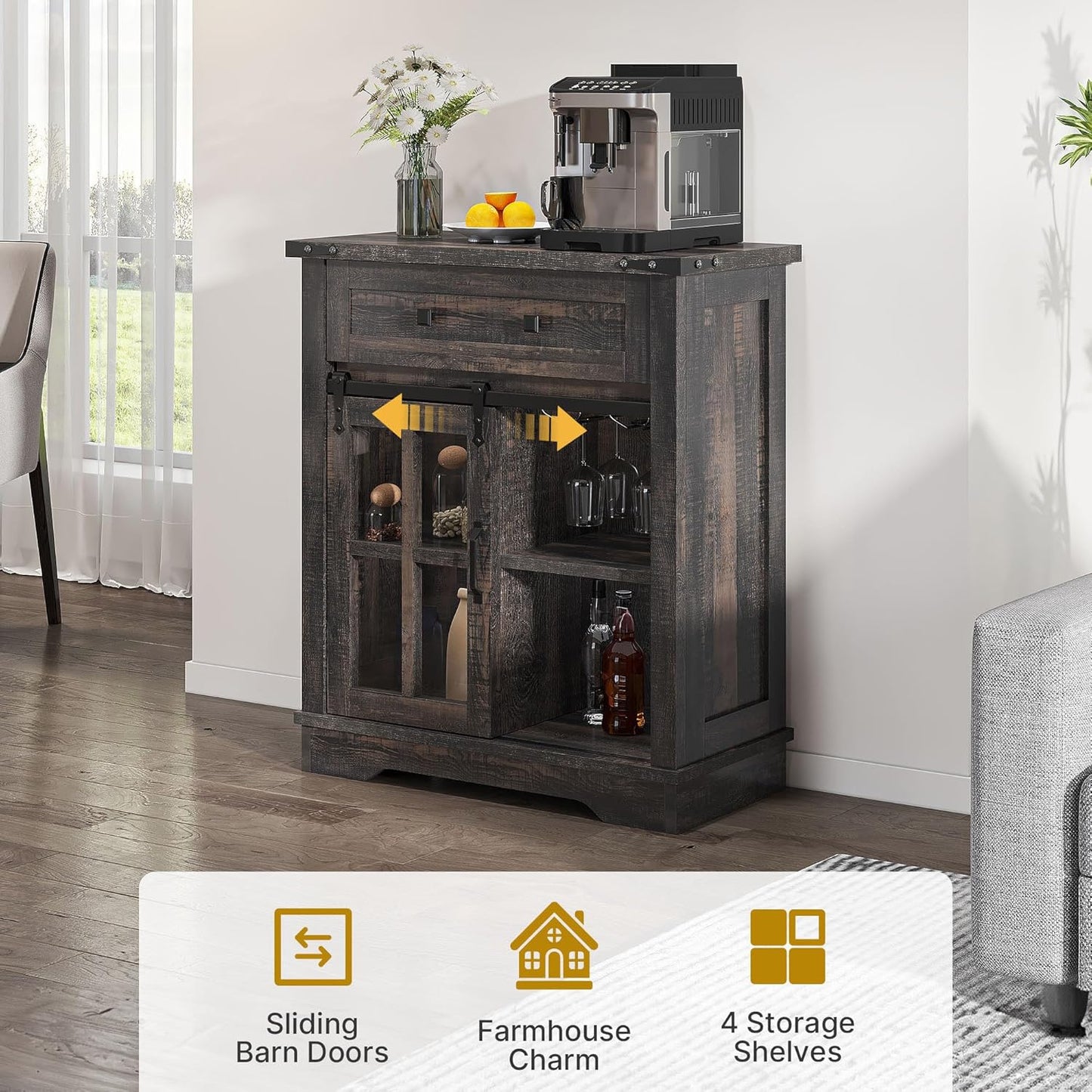 DWVO Farmhouse Coffee Bar Cabinet, Sideboard Buffet Cabinet with Drawer & Adjustable Shelves, Storage Cabinet with Sliding Barn Door for Kitchen and Living Room, Dark Rustic Oak