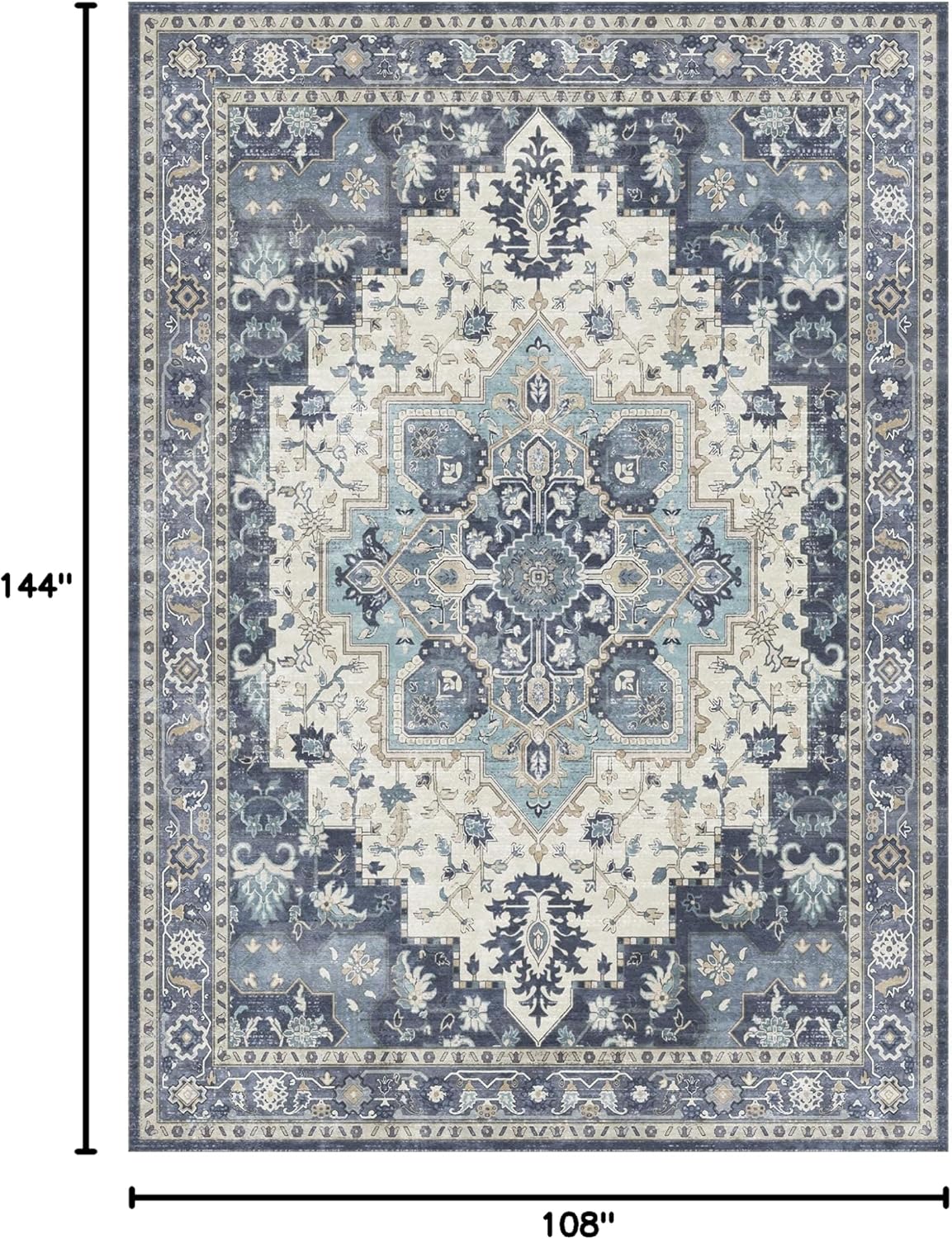GENIMO 9x12 Area Rugs for Living Room, Machine Washable Non Slip Vintage Rugs, Low Pile Lightweight Chenille Print Rug for Bedroom, Dining Room, Home Office, Center Blue