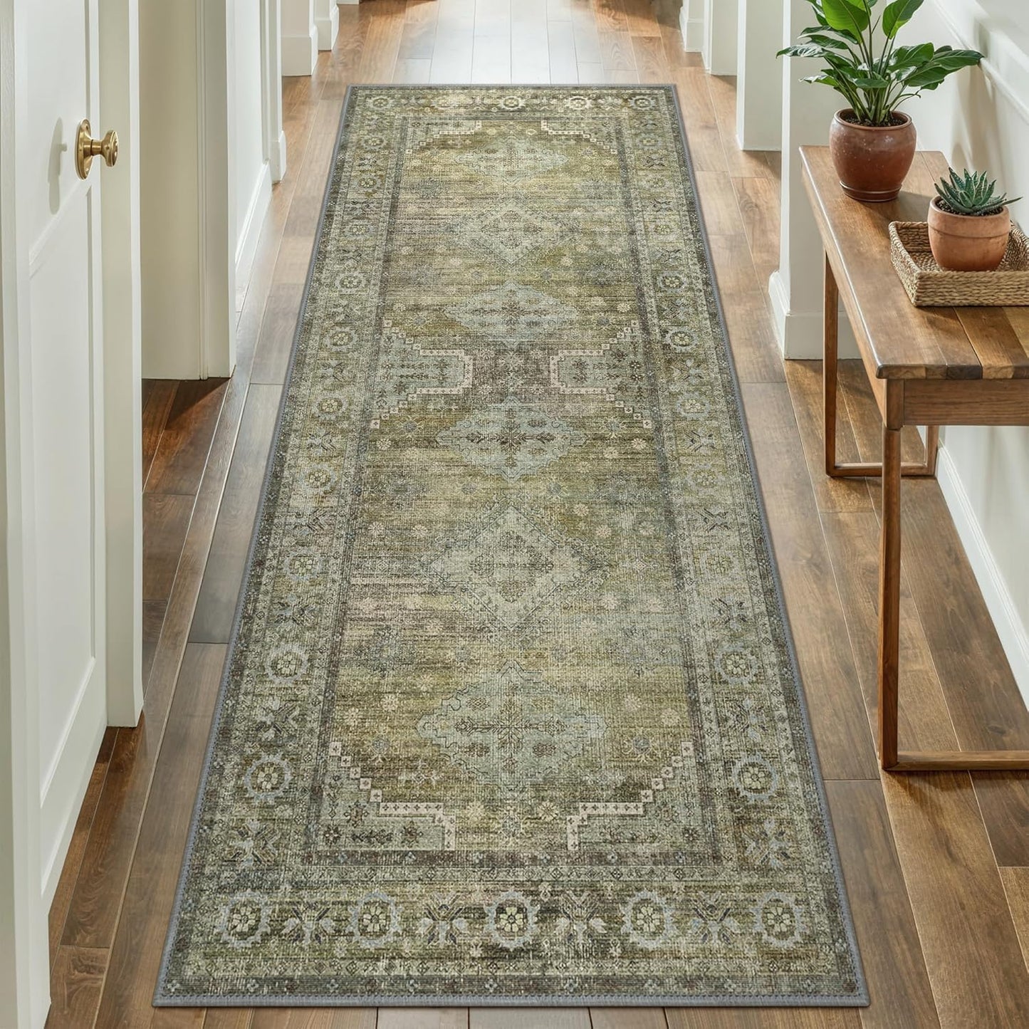 GENIMO Runner Rug 2x7 Non Slip Machine Washable Vintage Hallway Runner Rugs, Low Pile Lightweight Mat for Living Room, Entryway, Bedroom, Kitchen and Corridor, Distressed Sage