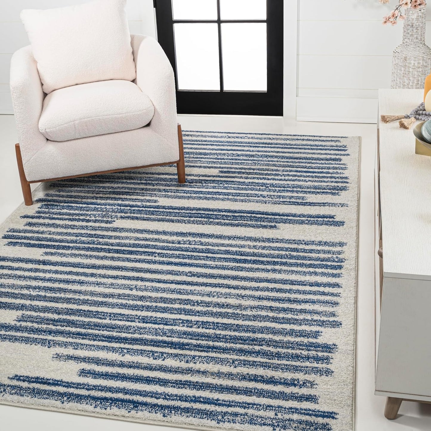JONATHAN Y Khalil Modern Berber Stripe Cream/Navy Indoor Area Rug, 5x8, Contemporary, Bohemian, Easy-Cleaning for Living Room, Bedroom, Kitchen, Pet Friendly, Non-Shedding (MOH207E-5)