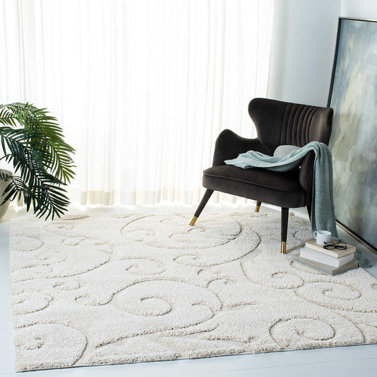SAFAVIEH Florida Shag Collection Area Rug - 9' Square, Creme & Creme, Scroll Design, Non-Shedding & Easy Care, 1.2-inch Thick Ideal for High Traffic Areas in Living Room, Bedroom (SG455-1111)