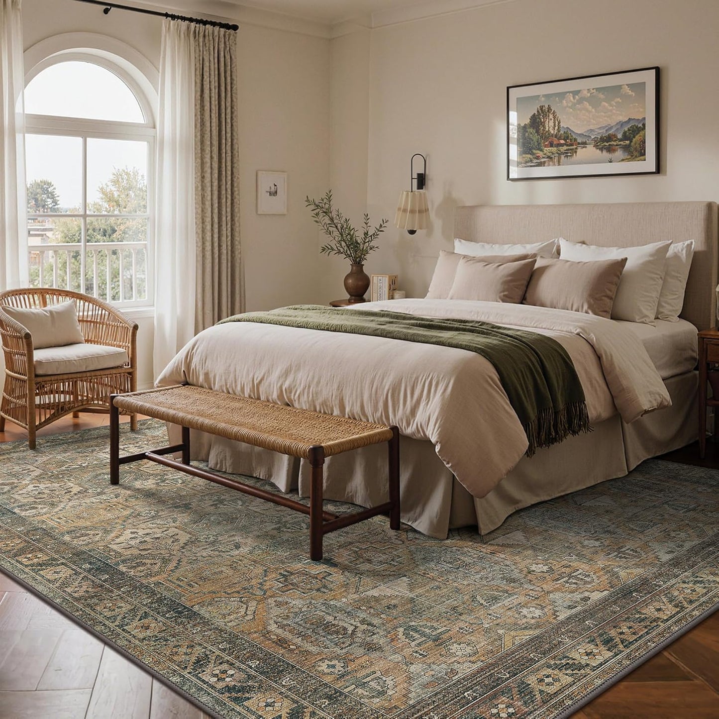 GENIMO 3x5 Area Rugs for Living Room, Machine Washable Non Slip Vintage Rugs, Low Pile Lightweight Chenille Print Rug for Bedroom, Dining Room, Home Office, Warm Taupe