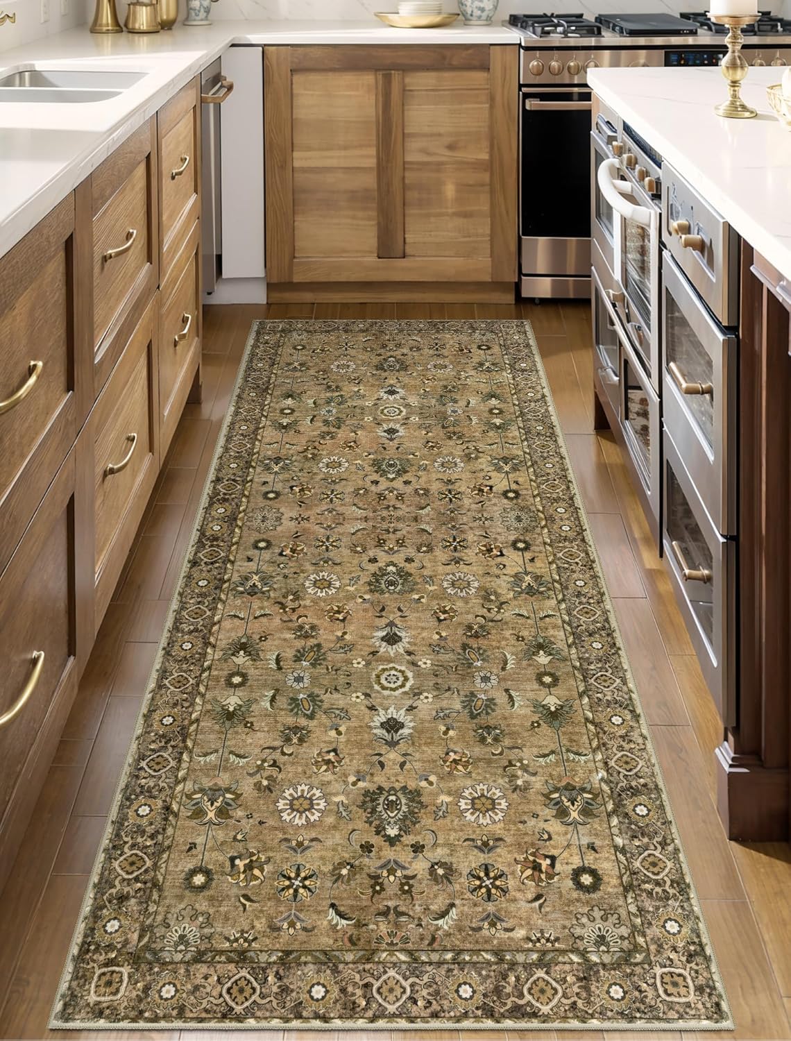 Floral Runner Rug 2x5 Washable for Hallway, Non-Slip Vintage Boho for Entryway Indoor, Brown Print Carpet Runner, Soft Low Pile Long Rug for Kitchen Bedroom