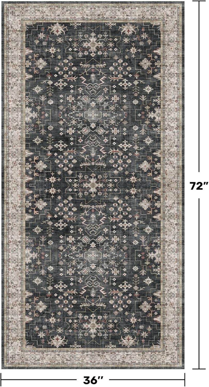 Black Boho Washable 3x6 Large Kitchen Runner Rug, Indoor Entryway Home Office Floor Rug, Non-Slip Stain & Fade Resistant, Vintage Floral Decor