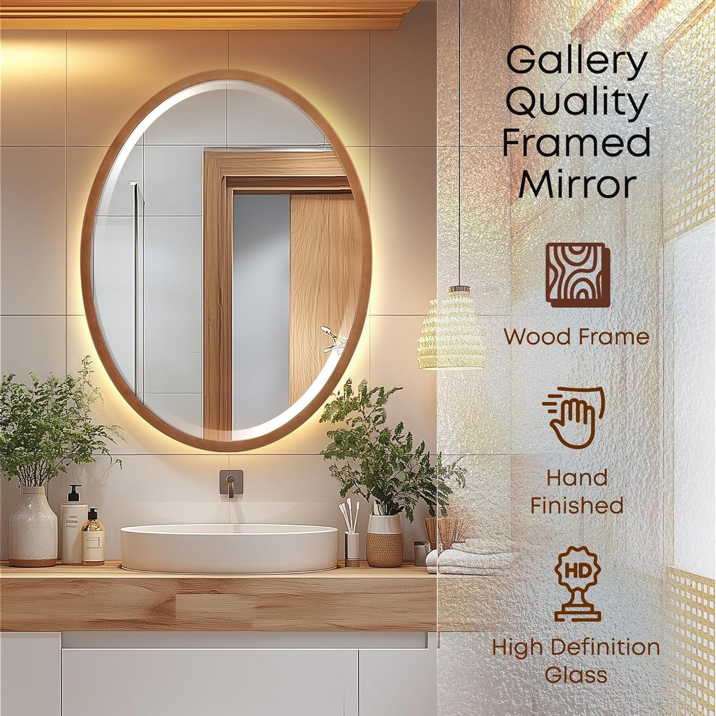 OVALCREST - Oval Wooden Beveled Wall Mirror for Home Decor, Bathroom, Vanity, Bedroom, Living Room, Hallway - London Style (Sunset Gold) 19.1 x 25.1