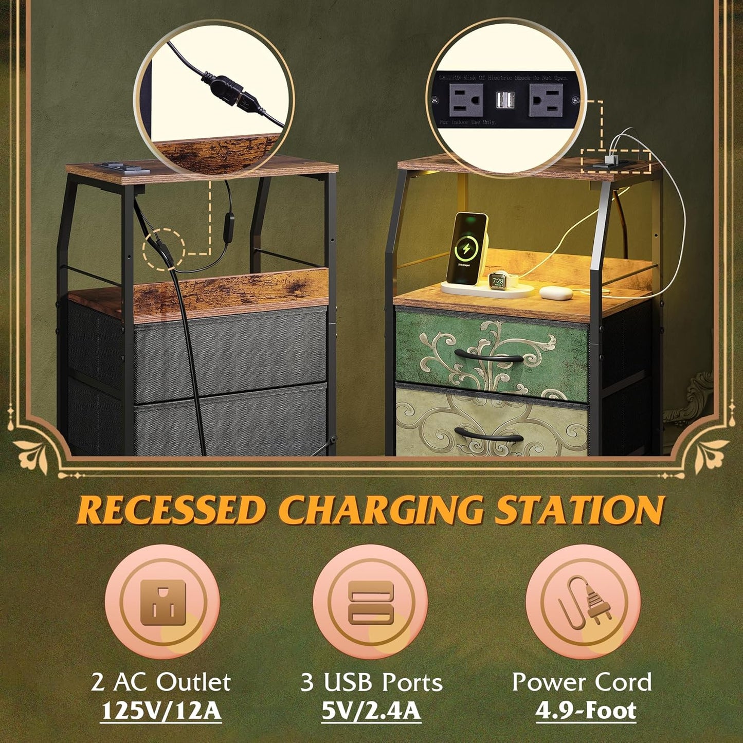 WLIVE 4 Drawer Dresser for Bedroom, 37" H Nightstand with Charging Station and Led Light, Tall Night Stand Bed Side Table, End Table with USB Ports and Outlets, Fabric Bins, Floral Painted