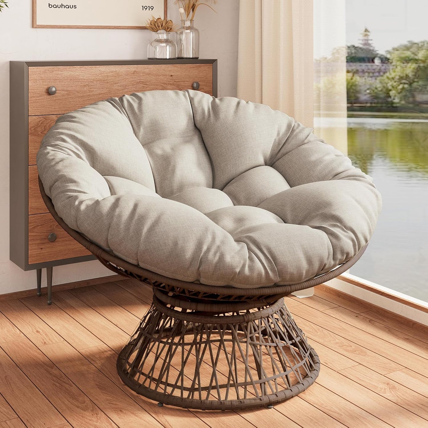 Ball & Cast Ergonomic Wicker Chair with Cloud Thick Density Fabric Cushion,Accent Chair W/ 360 Degree Swivel,Sturdy Metal Frame,Height Adjustable,for Reading,Living Room Bedroom,Lounge,Brown+Beige