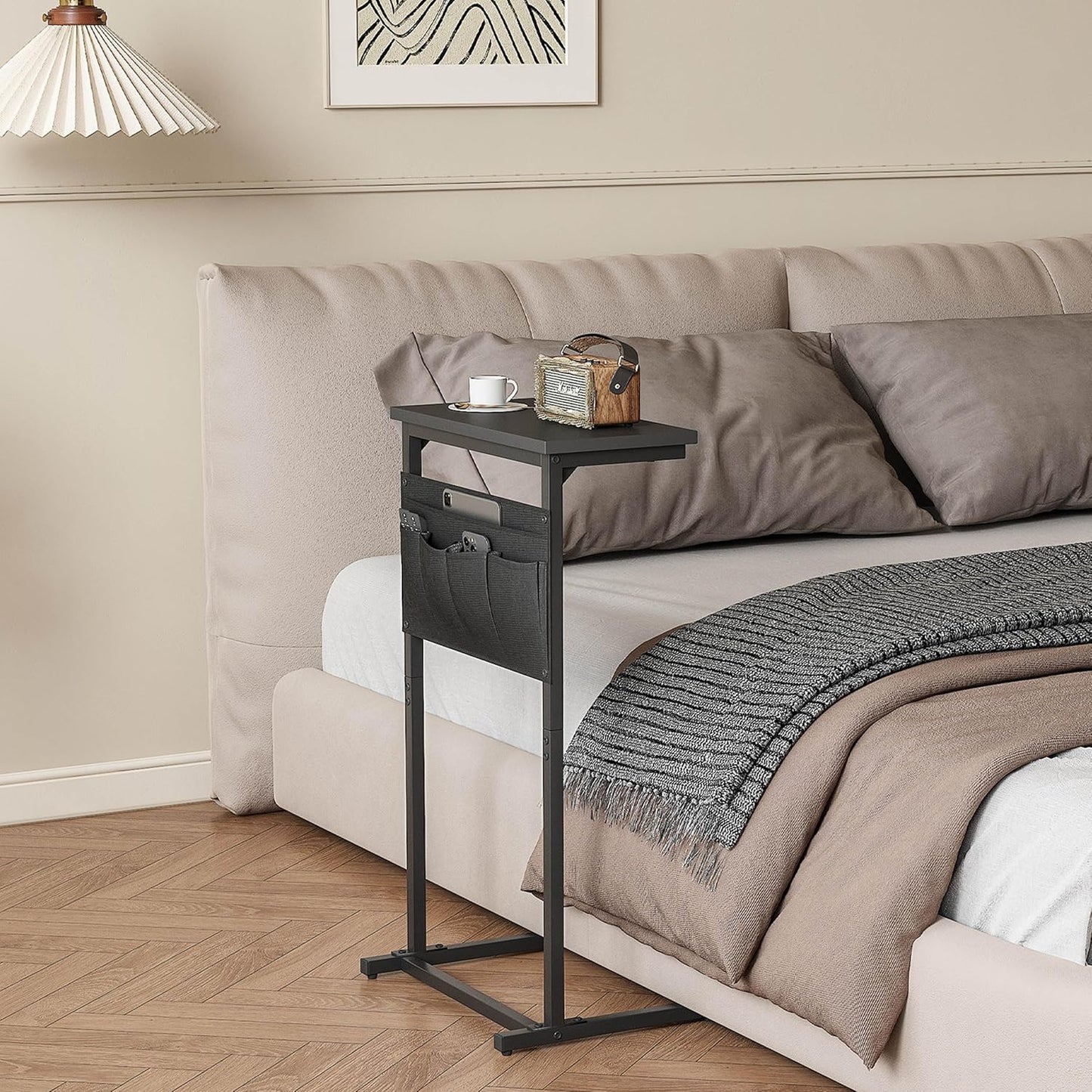 C Shaped End Table, Side Table for Sofa, Small TV Tray, Couch Table with Storage Bag for Small Space, Living Room, Bedroom, Home Office LET501B (Black)