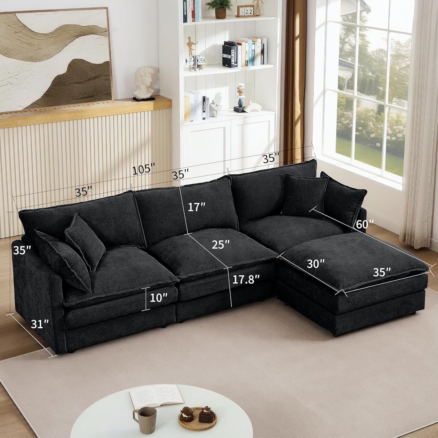 Ball & Cast 3 Seater Modular L Shaped Sectional Sofa with Movable Ottoman and 4 Pillows,Comfy Cloud Couch W/Deep Seat,DIY Combination,Chenille Upholstered Sofa for Living Room,Apartment,Black,105"