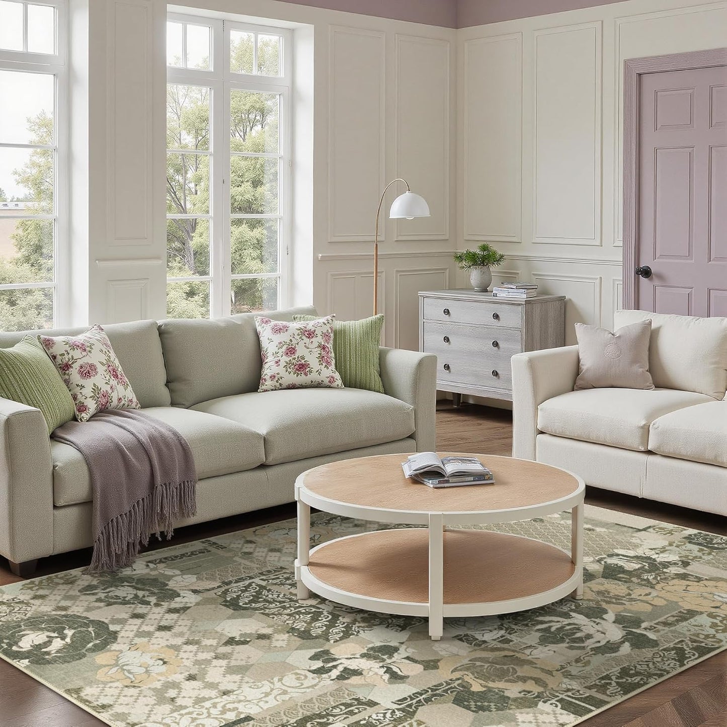 GENIMO 5X7 Floral Area Rugs for Living Room, Machine Washable Non Slip Vintage Patchwork Washable Rug, Ultra-Thin Low Pile Chenille Rugs for Bedroom, Dining Room, Taupe Gray