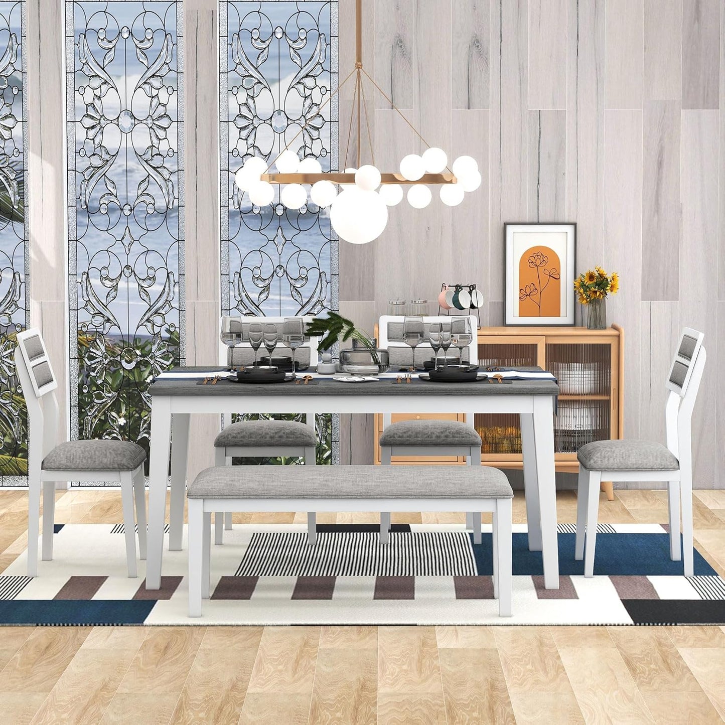 Ball & Cast 6-Piece Dining Table Set for 6,Kitchen Table Set W/ 4 Upholstered Chairs & 1 Bench,Living Room Furniture W/ 60" Rectangle Table & Foot Pad,for Dining Room,Kitchen,Restaurant,White+Gray