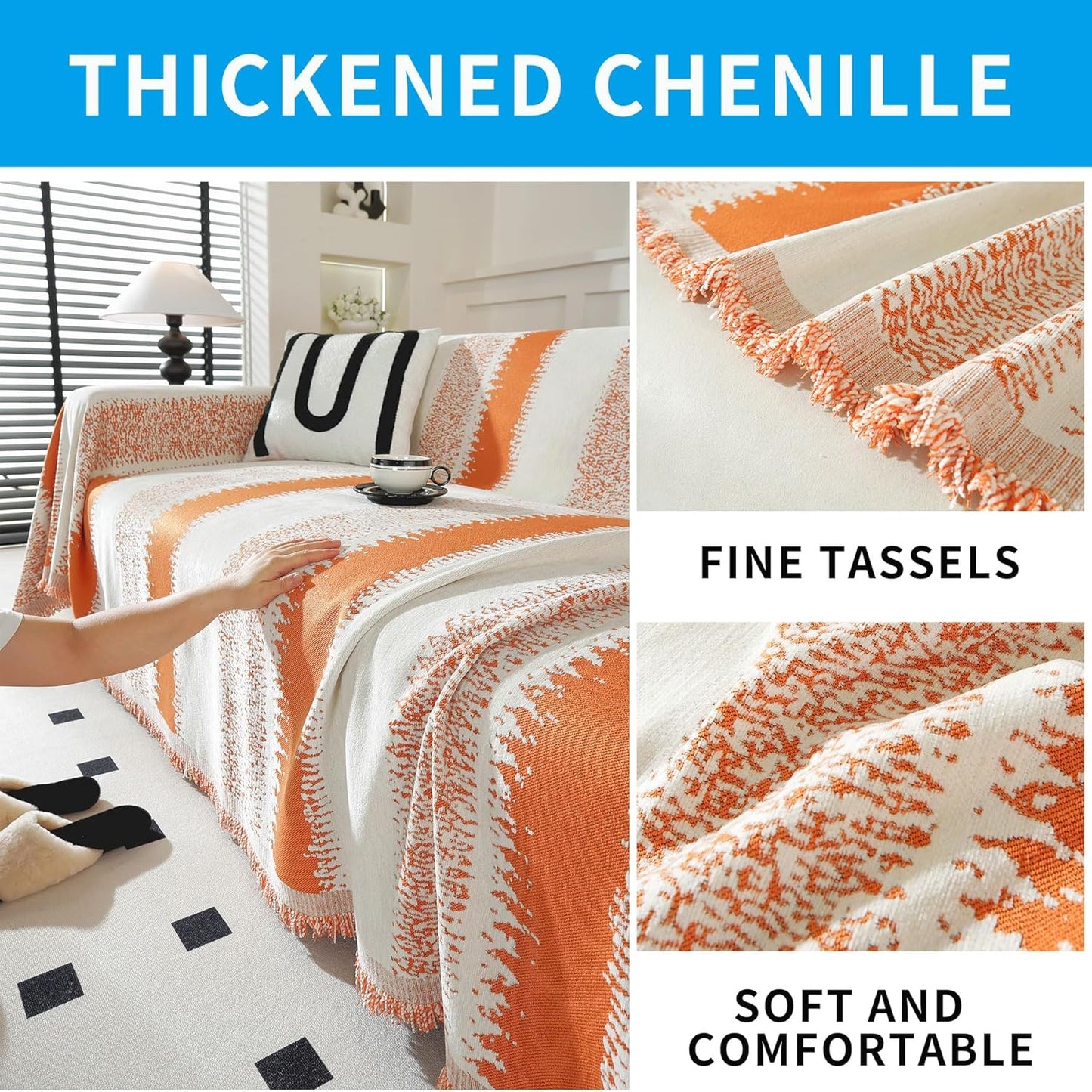 LUFEIJIASHI Boho Couch Covers for Sofa Non Slip Sofa Covers Washable Couch Covers for 3 Cushion Couch Sofa Pet Friendly Sectional Couch Cover Blanket Furniture Protector for Dogs (Orange, 71"x134")